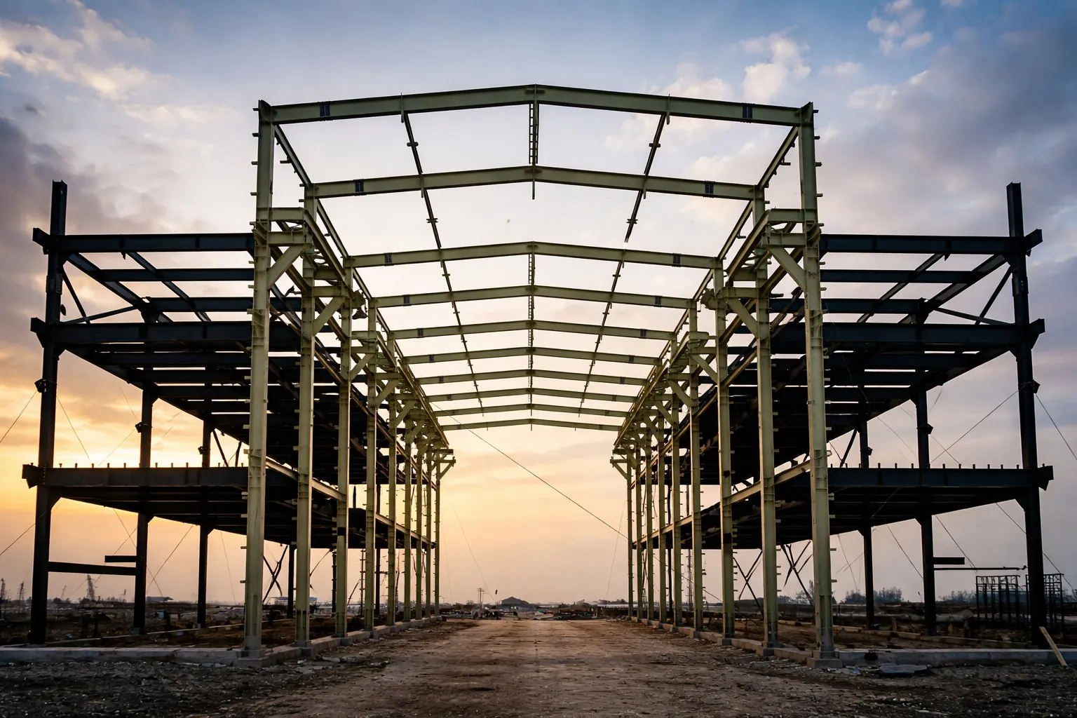 Steel building frames at the Tokuyama plant, Samalaju, at sunset